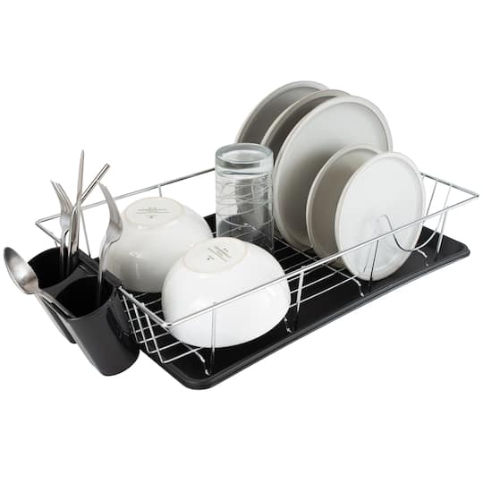 Kitchen Details Black 3-Piece Chrome Dish Rack with Tray